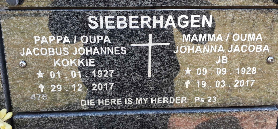 SIEBERHAGEN Jacobus Johannes 1927-2017 &amp; Johanna Jacoba 1928-2017