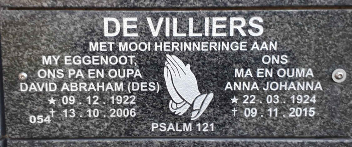 VILLIERS David Abraham, de 1922-2006 &amp; Anna Johanna 1924-2015