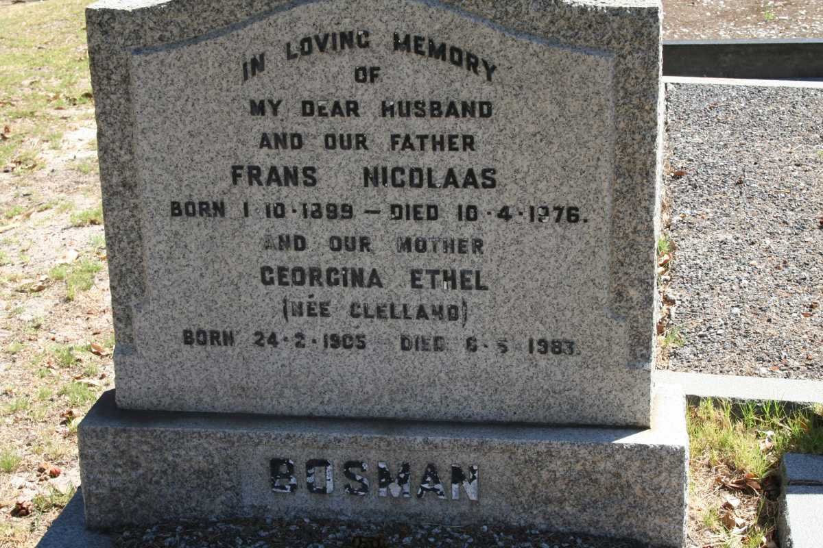 BOSMAN Frans Nicolaas 1889-1976 &amp; Georgina Ethel CLELLAND 1905-1983