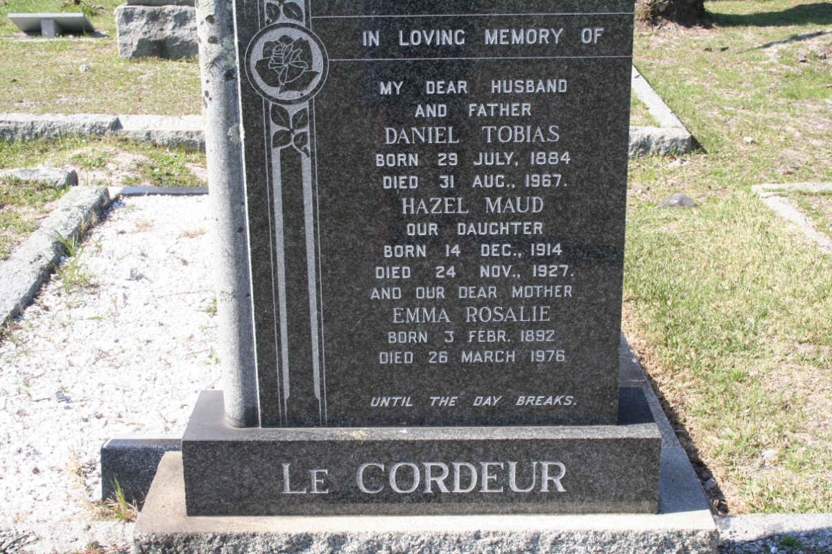 CORDEUR Daniel Tobias, le 1884-1967 &amp; Emma Rosalie 1892-1976 :: LE CORDEUR Hazel Maud 1914-1927
