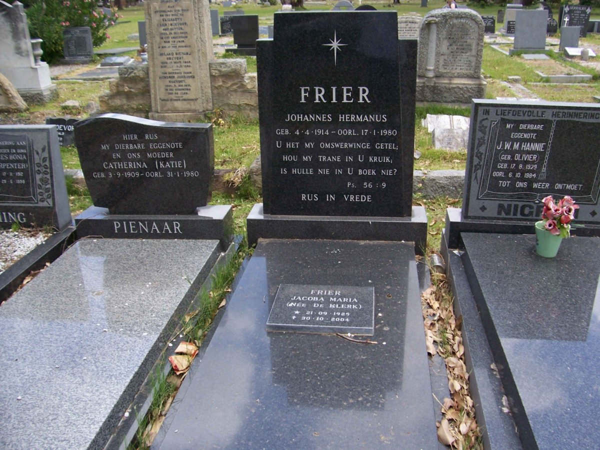 FRIER Johannes Hermanus 1914-1980 &amp; Jacoba Maria DE KLERK 1925-2004