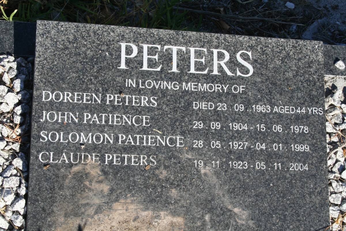 PETERS Doreen -1963 :: PETERS John Patience 1904-1978 :: PETERS Solomon Patience 1927-1999 :: PETERS Claude 1923-2004