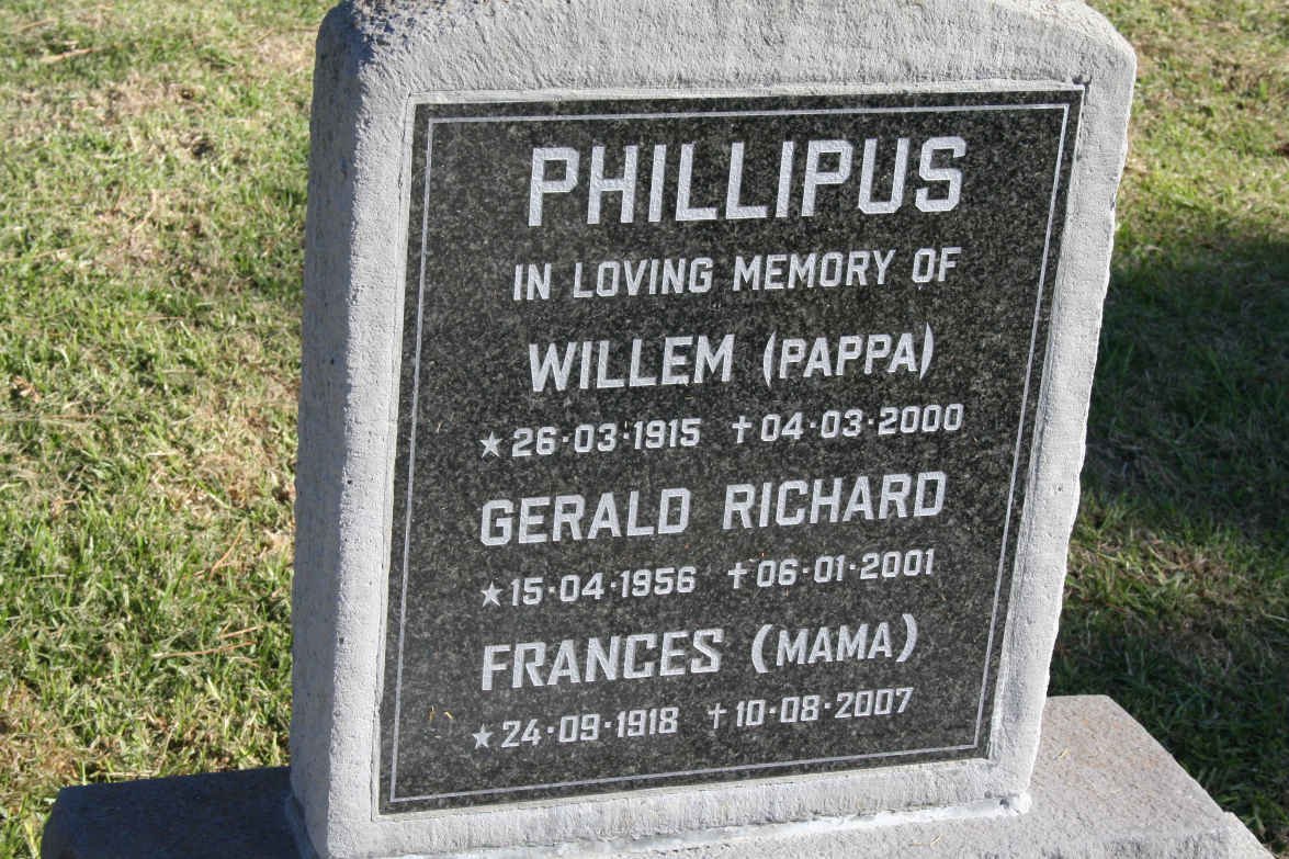PHILLIPUS Willem 1915-2000 &amp; Frances 1918-2007 :: PHILLIPUS Gerald Richard 1956-2001