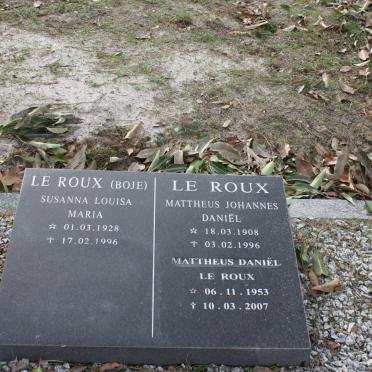 ROUX Mattheus Johannes Daniël, le 1908-1996 :: LE ROUX Susanna Louisa Maria nee BOJE 1928-1996 :: LE ROUX Mattheus Daniël 1953-2007