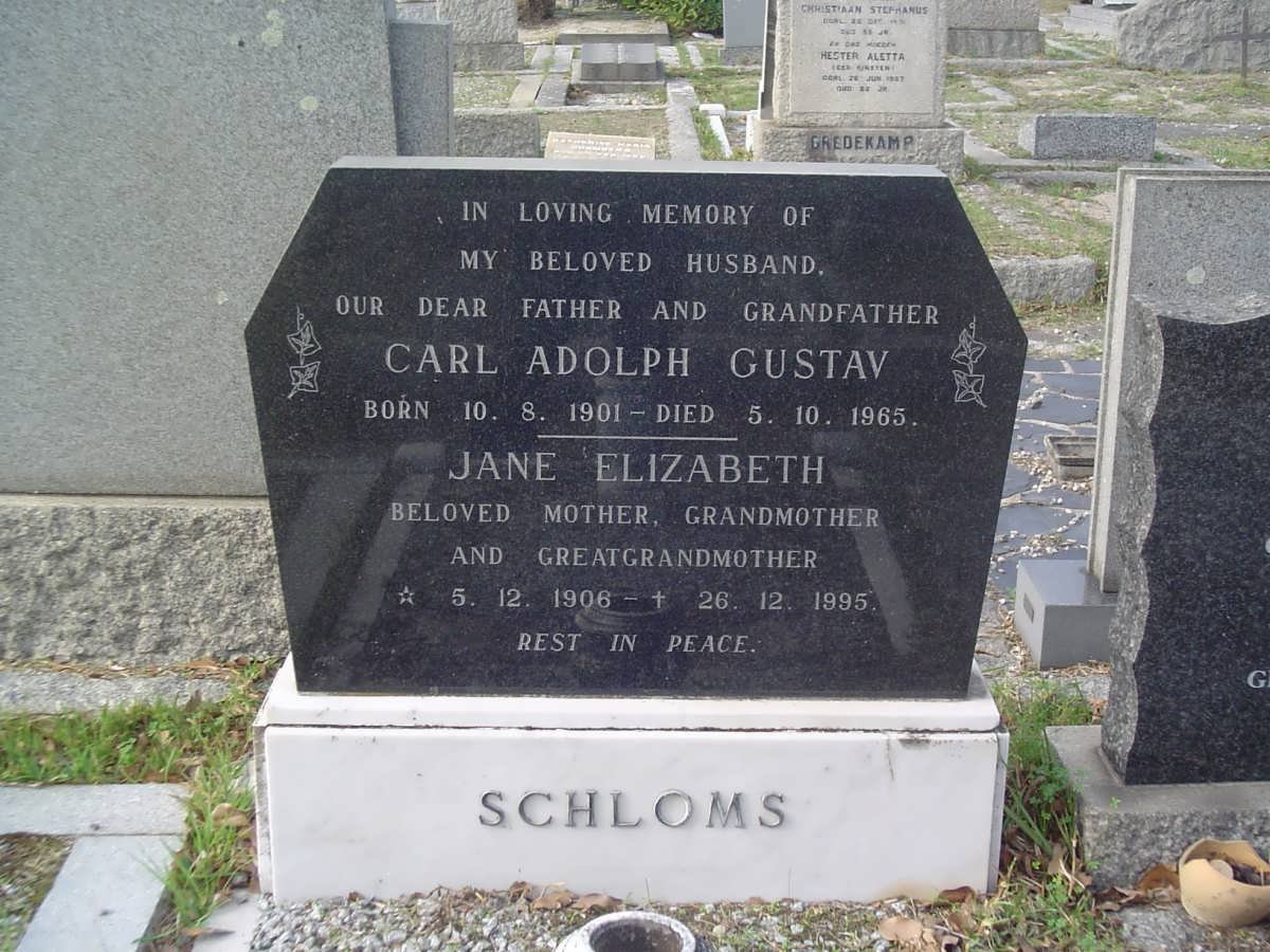 SCHLOMS Carl Adolph Gustav 1901-1965 &amp; Jane Elizabeth 1906-1995