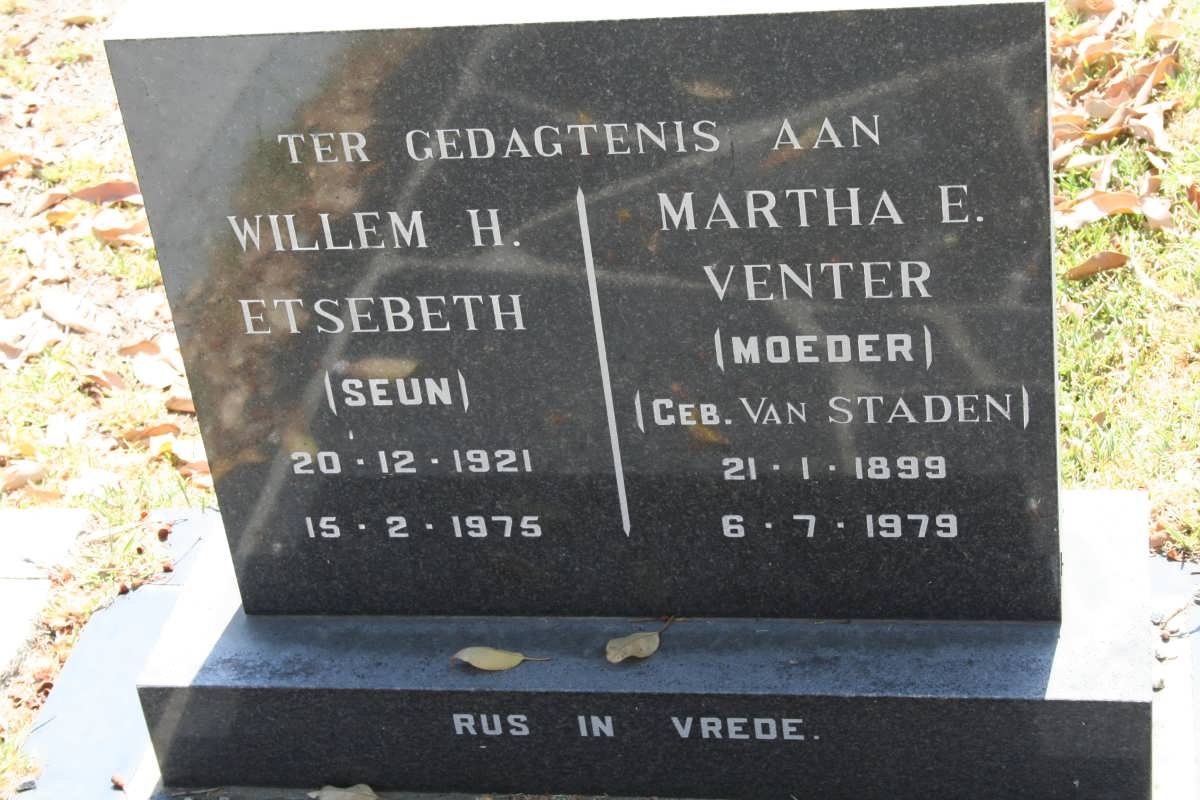 VENTER Martha E. VAN STADEN 1899-1979 :: ETSEBETH Willem H. 1921-1975