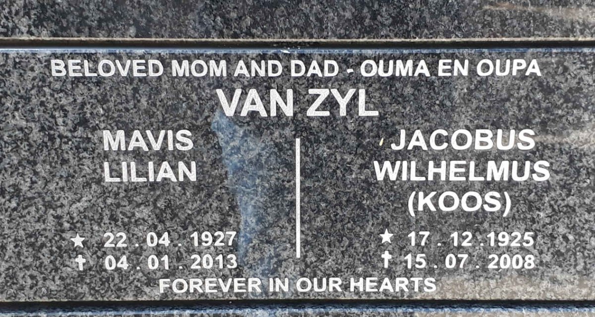 ZYL Jacobus Wilhelmus, van 1925-2008 &amp; Mavis Lilian 1927-2013