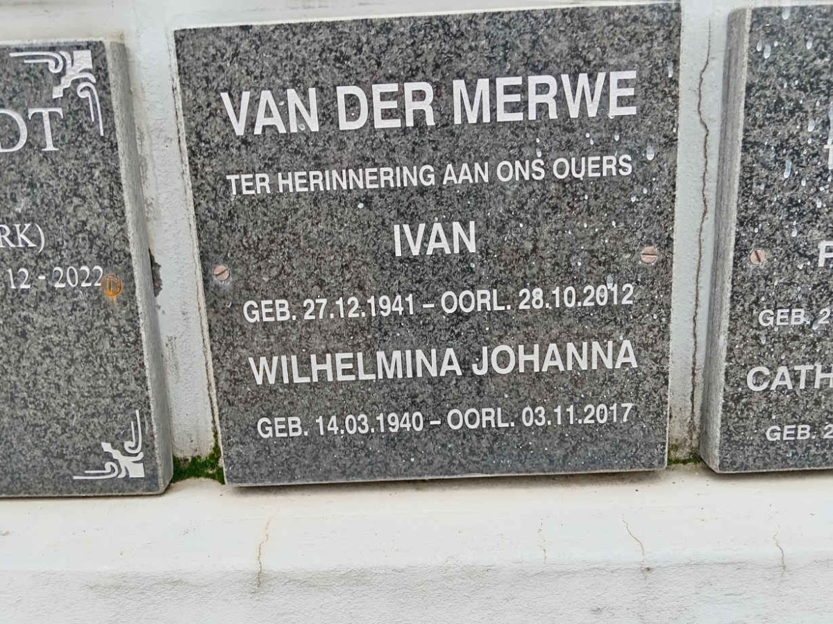 MERWE Ivan, van der 1941-2012 &amp; Wilhelmina Johanna 1940-2017