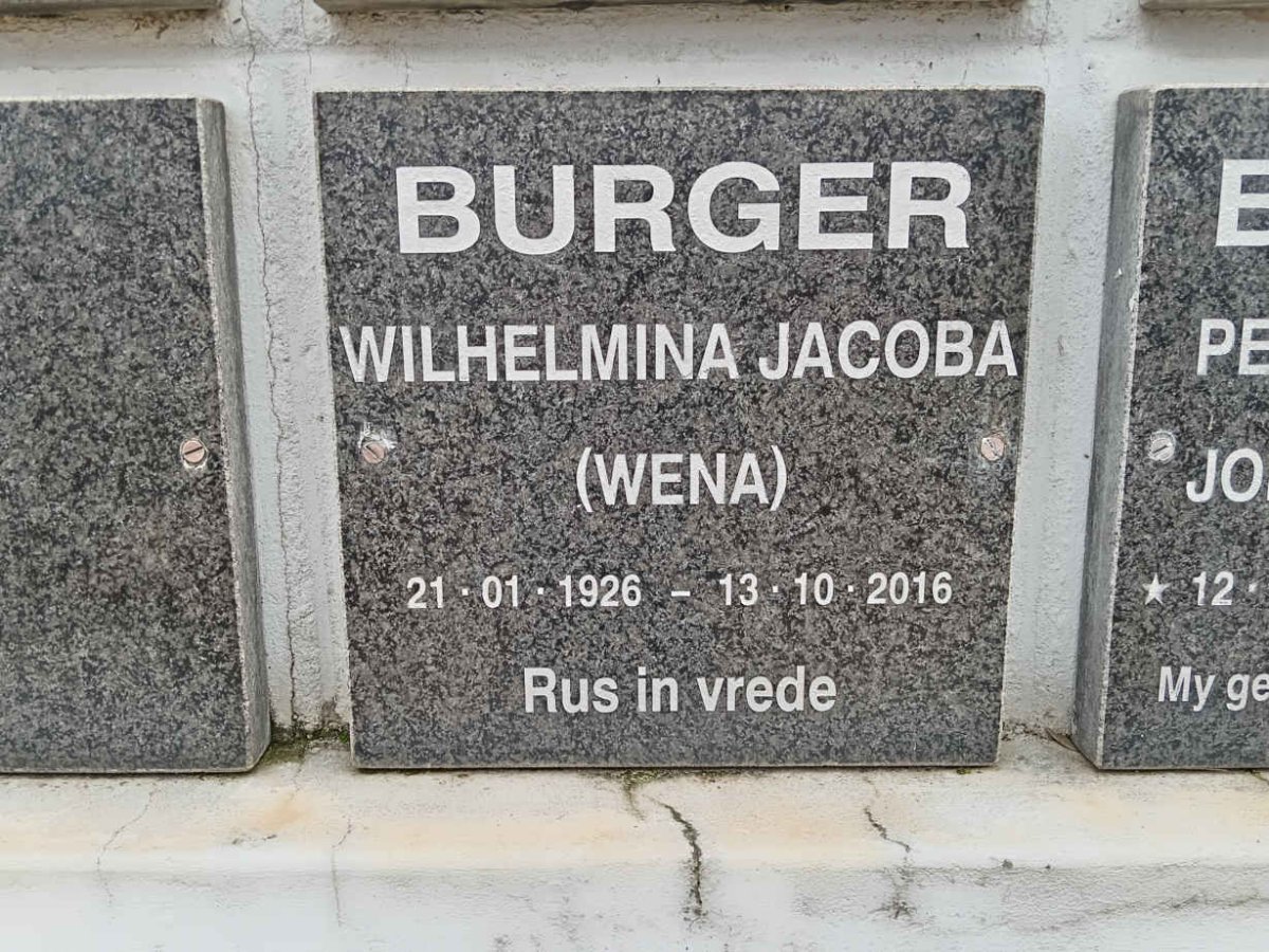 BURGER Wilhelmina Jacoba 1926-2016