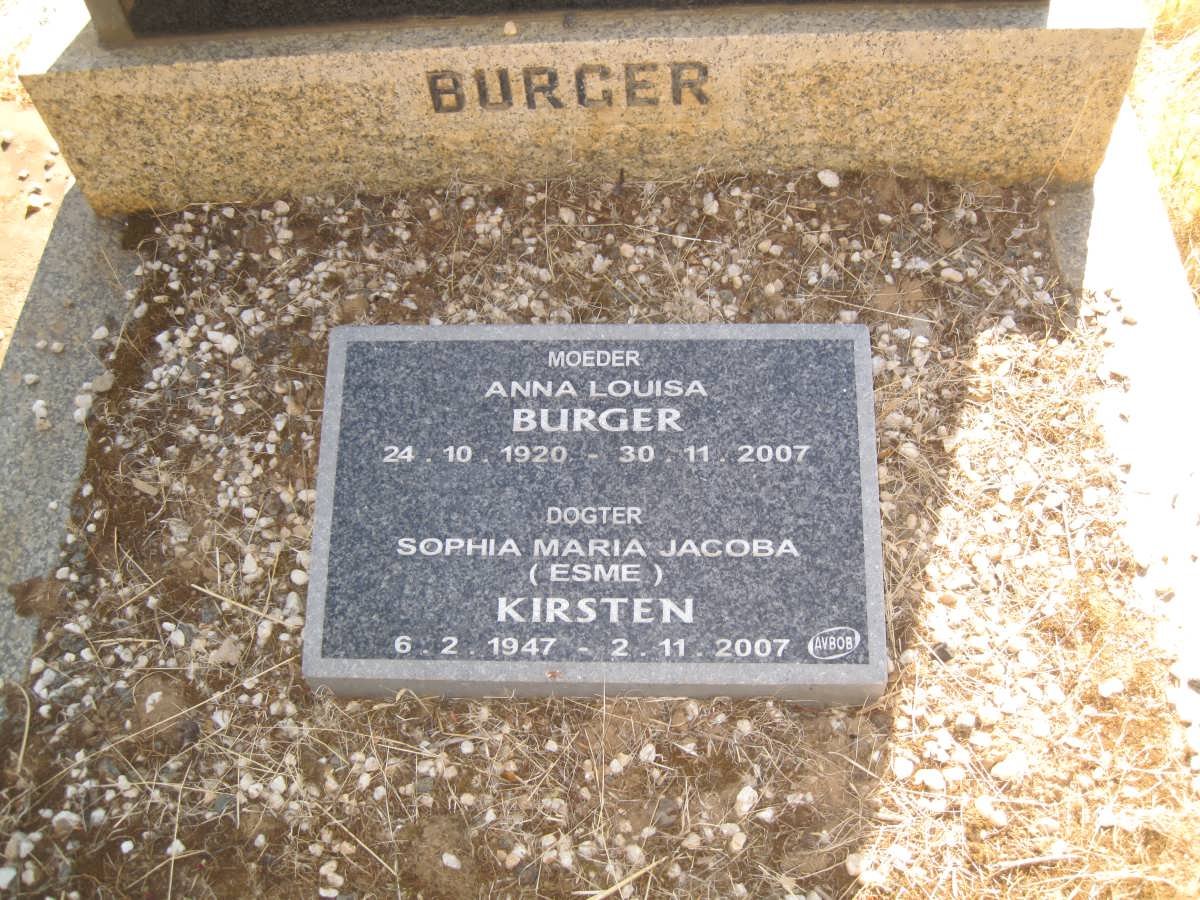 BURGER Anna Louisa 1920-2007 :: KIRSTEN Sophia Maria Jacoba nee BURGER 1947-2007