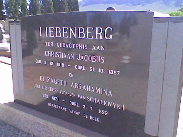 LIEBENBERG Christiaan Jacobus 1818-1887 &amp; Elizabeth Abrahamina, formerly VAN SCHALKWYK, nee GREEFF 1821-1892