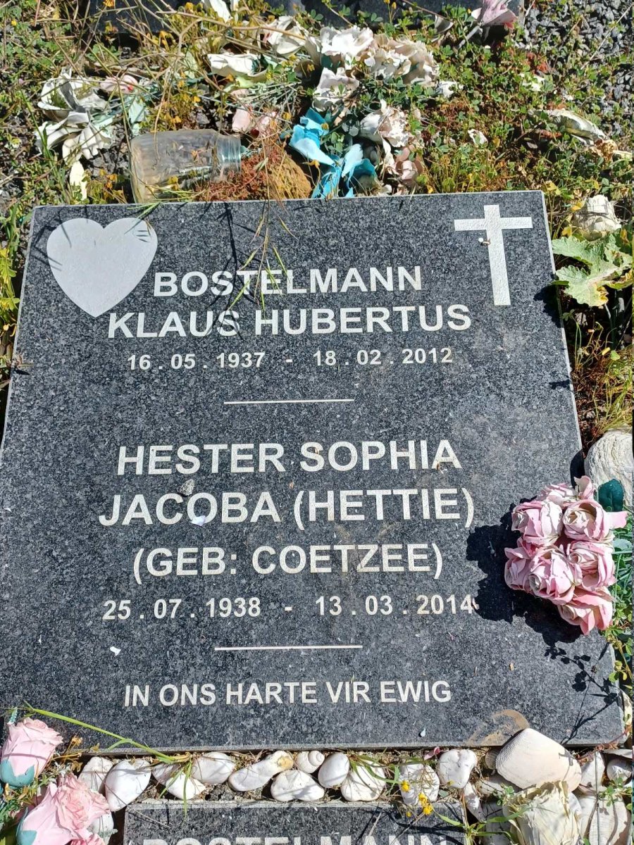 BOSTELMANN Klaus Hubertus 1937-2012 &amp; Hester Sophia Jacoba COETZEE 1938-2014