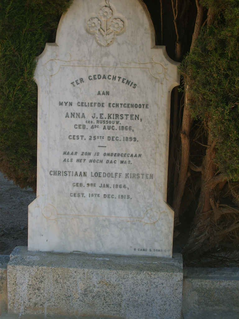 KIRSTEN Christiaan Loedolff 1864-1915 &amp; Anna J.E. RUSSOUW 1866-1899