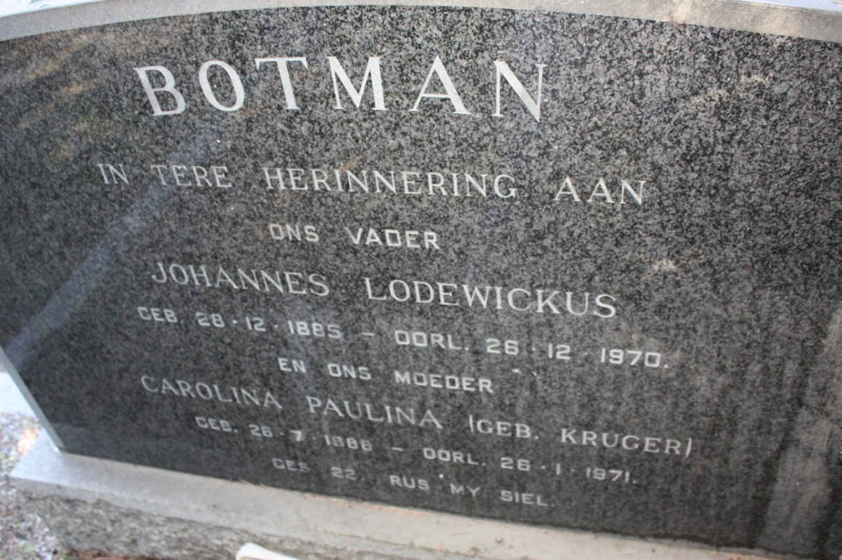 BOTMAN Johannes Lodewikus 1885-1970 &amp; Cornelia Paulina KRUGER 1888-1971