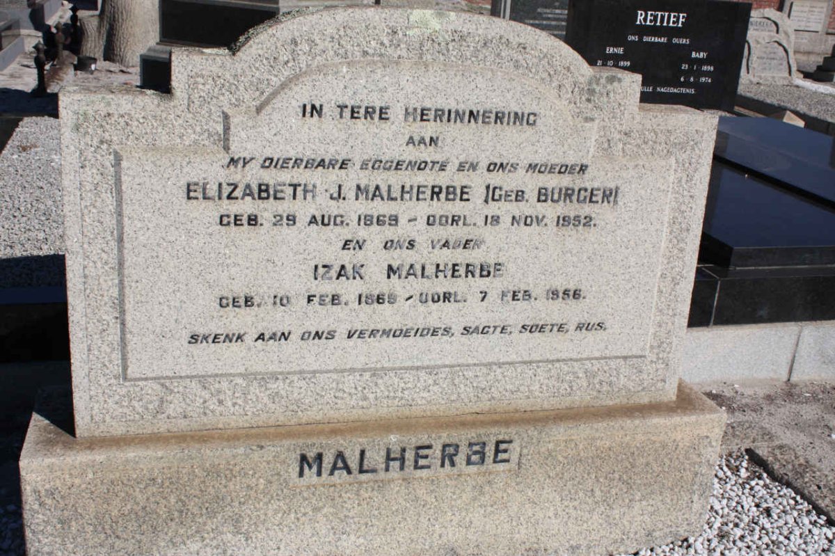 MALHERBE Izak 1869-1956 &amp; Elizabeth J. BURGER 1869-1952