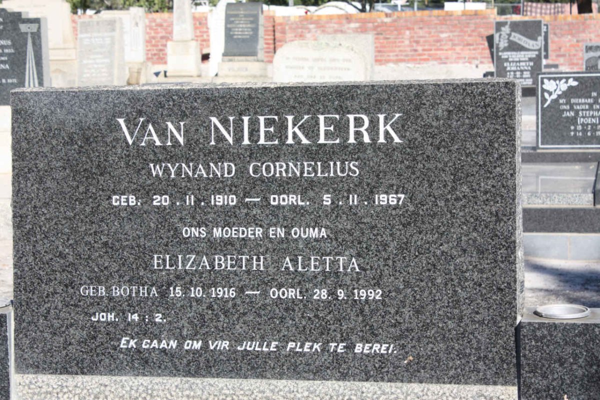 NIEKERK Wynand Cornelius, van  1910-1967 &amp; Elizabeth Aletta BOTHA 1916-1992