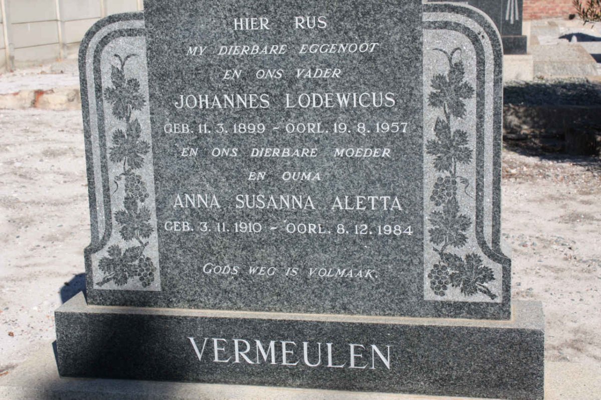 VERMEULEN Johannes Lodewicus 1899-1957 &amp; Anna Susanna Aletta 1910-1084
