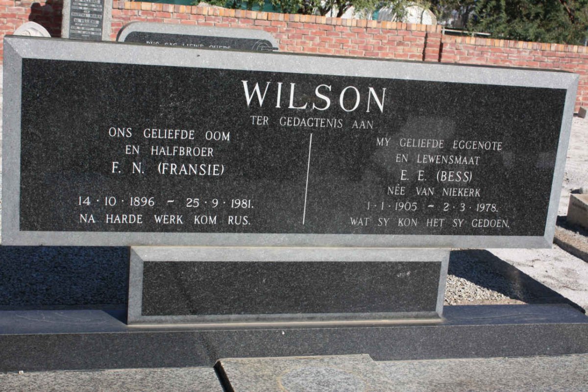 WILSON F.N. 1896-1981 &amp; E.E. VAN NIEKERK 1905-1978