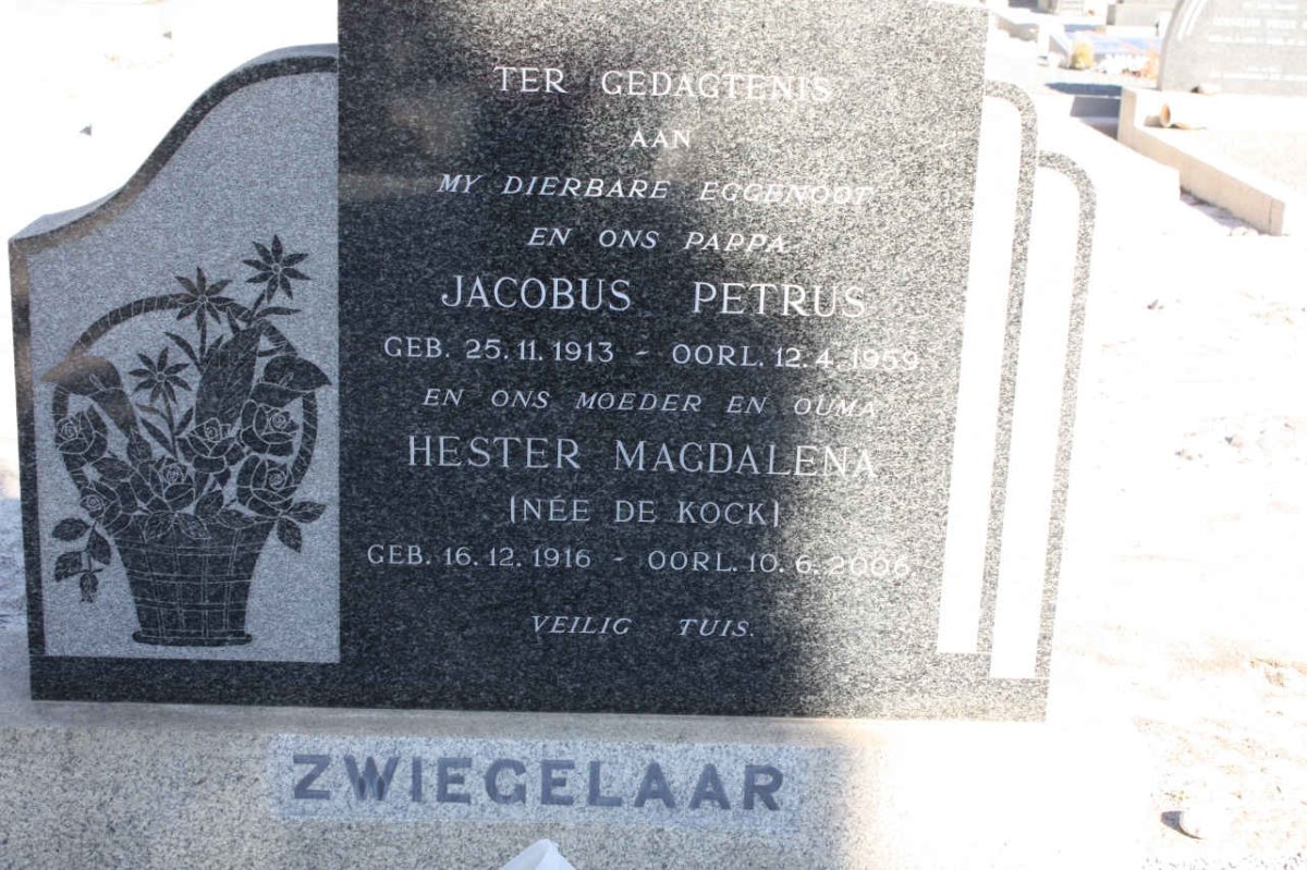 ZWIEGELAAR Jacobus Petrus 1913-1959 &amp; Hester Magdalena DE KOCK 1916-2006