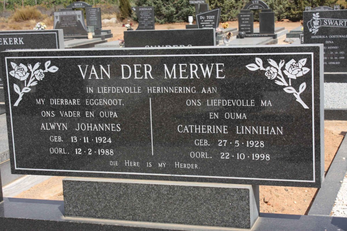 MERWE Alwyn Johannes, van der 1924-1988 &amp; Catherine Linnihan 1928-1998