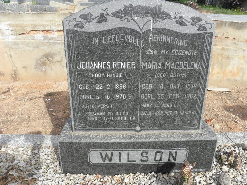 WILSON Johannes Renier 1886-1970 &amp; Maria Magdelena BOTHA 1879-1962
