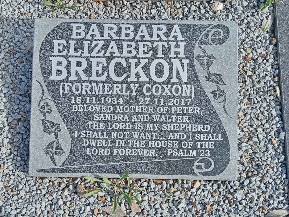 BRECKON Barbara Elizabeth formerly COXON 1934-2017