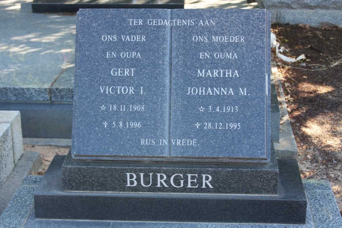 BURGER Gert Victor I. 1908-1996 &amp; Martha Johanna M. 1913-1995