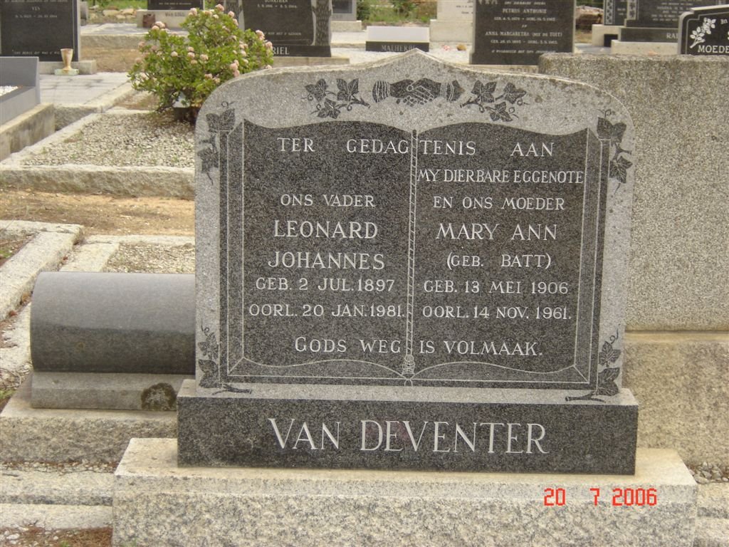 DEVENTER Leonard Johannes, van 1897-1981 &amp;  Mary Ann BATT 1906-1961