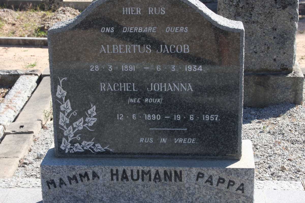 HAUMANN Albertus Jacob 1891-1934 &amp; Rachel Johanna ROUX 1890-1957