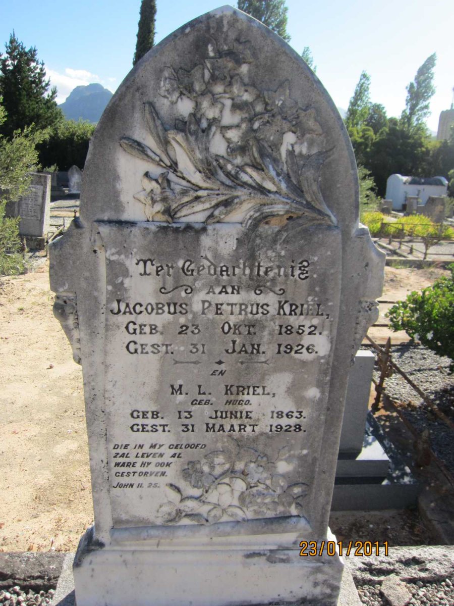 KRIEL Jacobus Petrus 1852-1926 &amp; M.L. HUGO 1863-1928