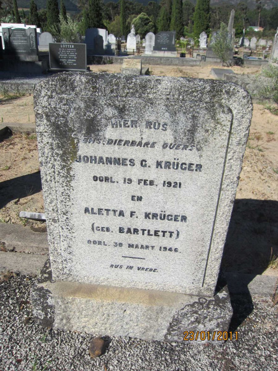 KRÜGER Johannes G. -1921 &amp; Aletta F. BARTLETT -1946