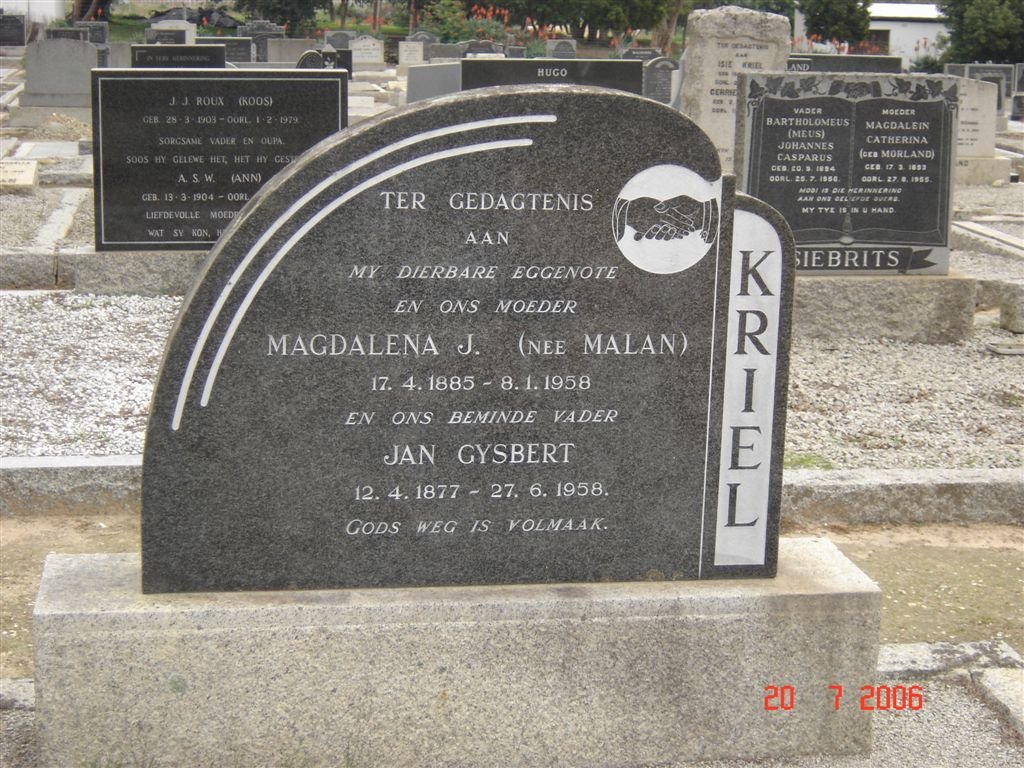 KRIEL  Jan Gysbert 1877-1958 &amp; Magdalena J. MALAN 1885-1958