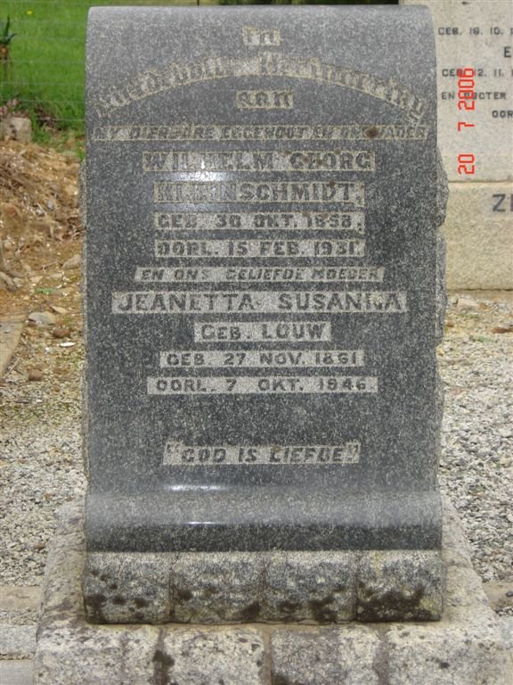 KLEINSCHMIDT Wilhelm George 1858-1931 &amp;  Jeanetta Susanna LOUW 1861-1946