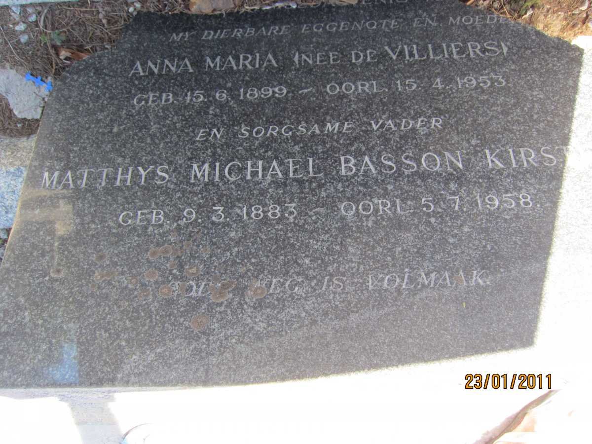 KIRSTEN Mattys Michael Basson 1883-1958 &amp; Anna Maria DE VILLIERS 1899-1953