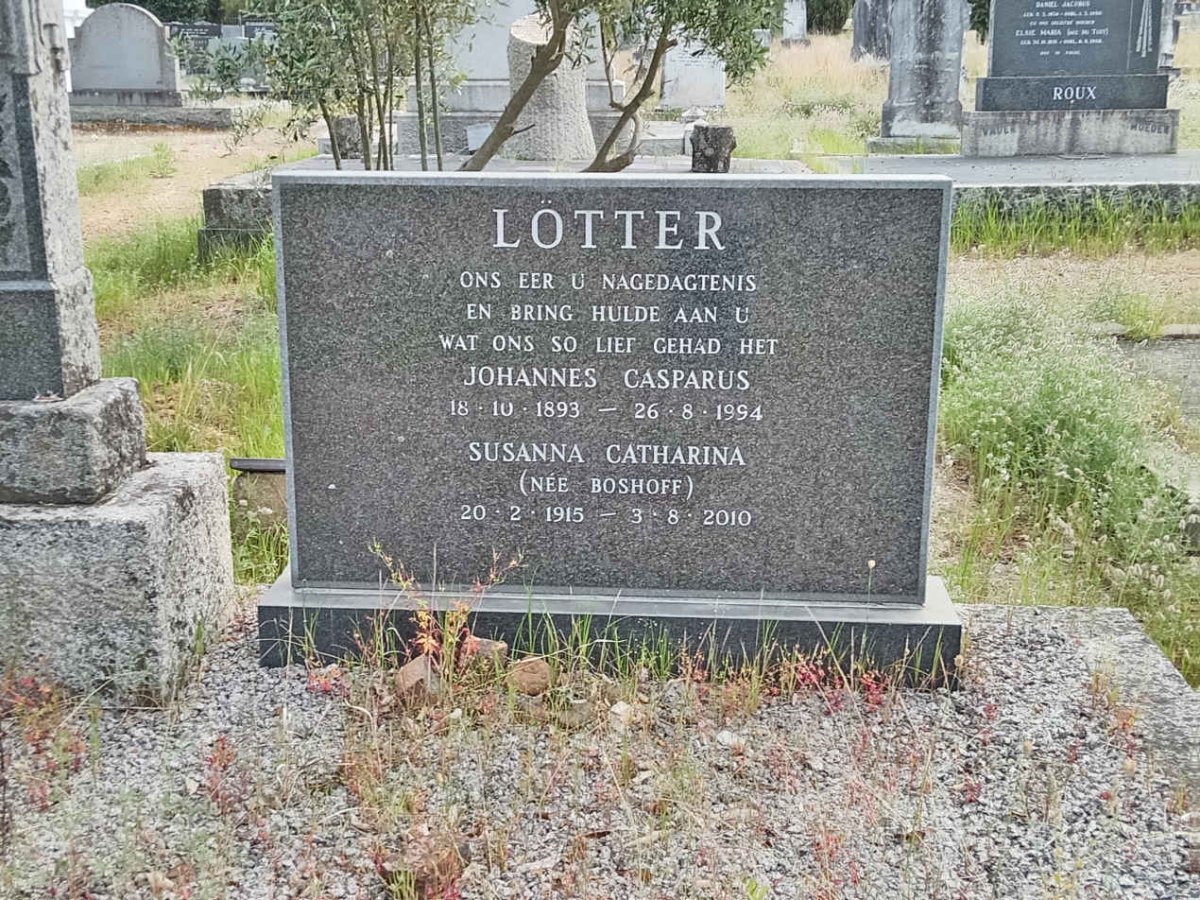 LOTTER Johannes Casparus 1893-1994 &amp; Susanna Catharina BOSHOFF 1915-2010