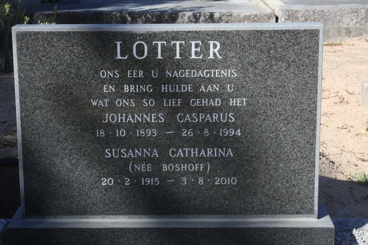 LÖTTER Johannes Casparus 1893-1994 &amp; Susanna Catharina BOSHOFF 1915-2010