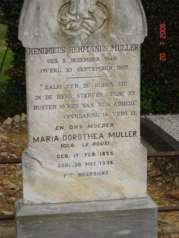 MULLER Hendrikus Hermanus 1849-1927  &amp; Maria Dorothea LE ROUX 1855-1936