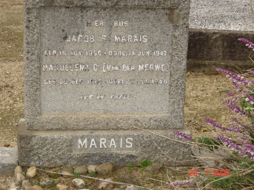 MARAIS Jacob S. 1866-1947 &amp;  Magdalena C. VAN DER MERWE 1865-1940