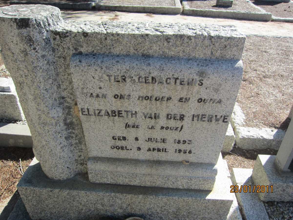 MERWE Elizabeth, van der nee LE ROUX 1893-1958