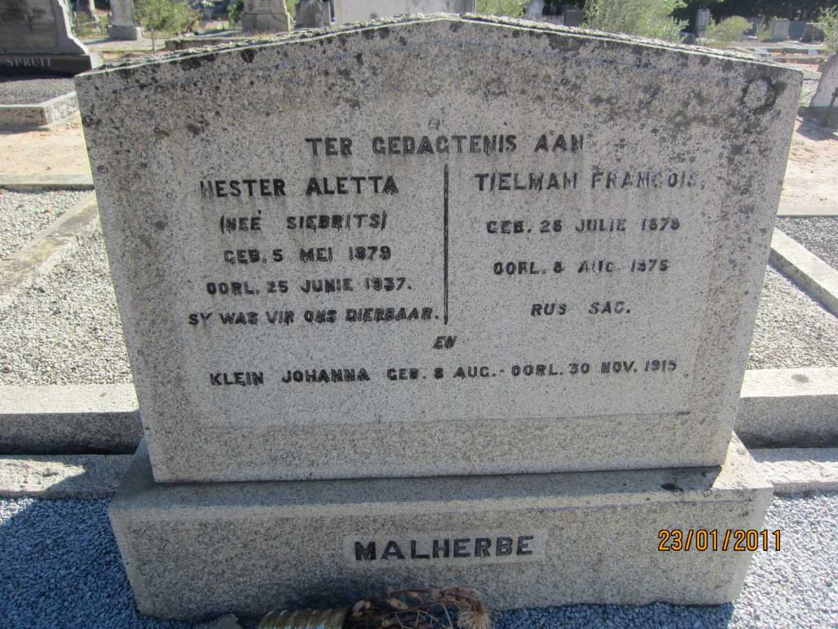 MALHERBE Tielman Francois 1878-1975 &amp; Hester Aletta SIEBRITS 1879-1937 :: MALHERBE Johanna 1915-1915
