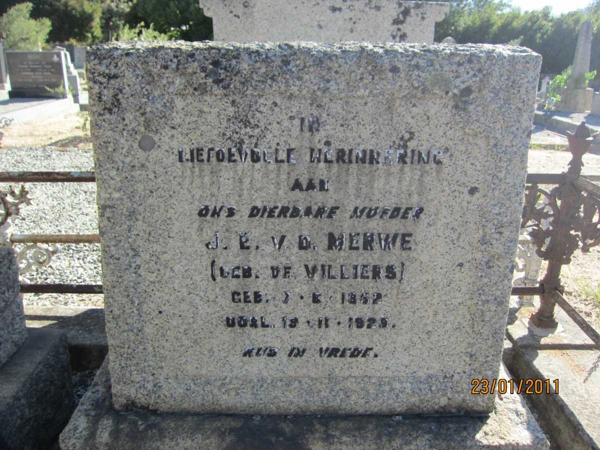 MERWE J.E., v.d. nee DE VILLIERS 1852-1929