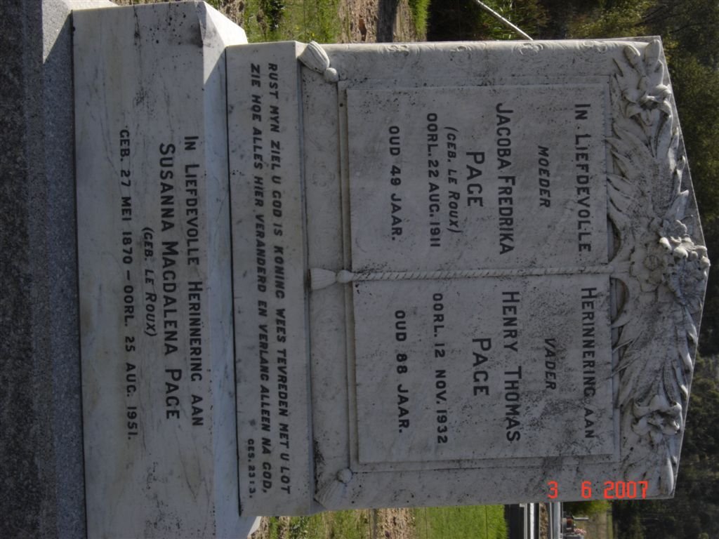 PAGE Henry Thomas -1932 &amp; Jacoba Frederika LE ROUX -1911, PAGE Susanna Magdalena nee LE ROUX 1870-1951