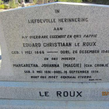 ROUX Eduard Christiaan, le 1866-1940 &amp; Margaretha Johanna CRONJÉ 1891-1974