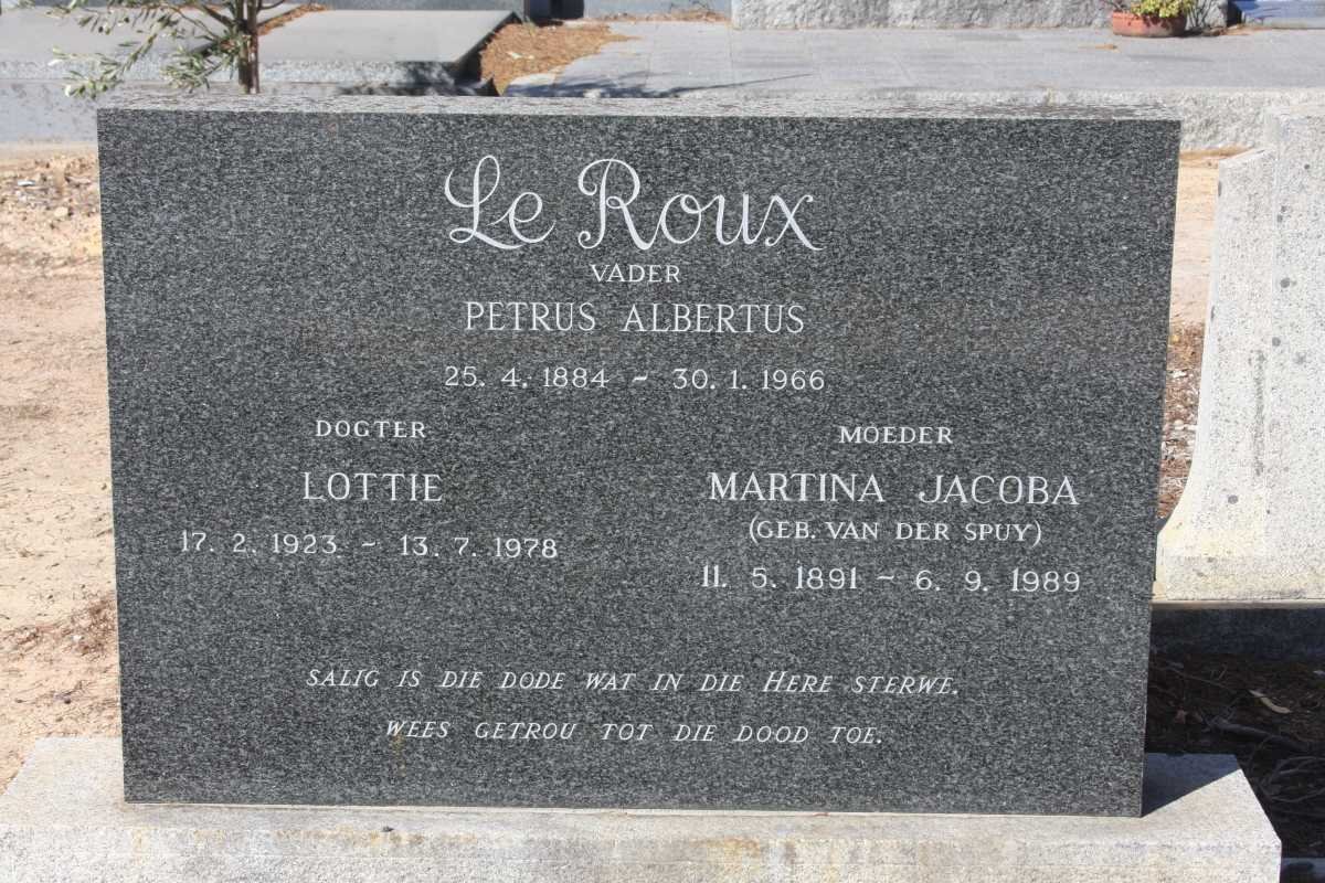 ROUX Petrus Albertus, le 1884-1966 &amp; Martina Jacoba VAN DER SPUY 1891-1989 :: LE ROUX Lottie 1923-1978