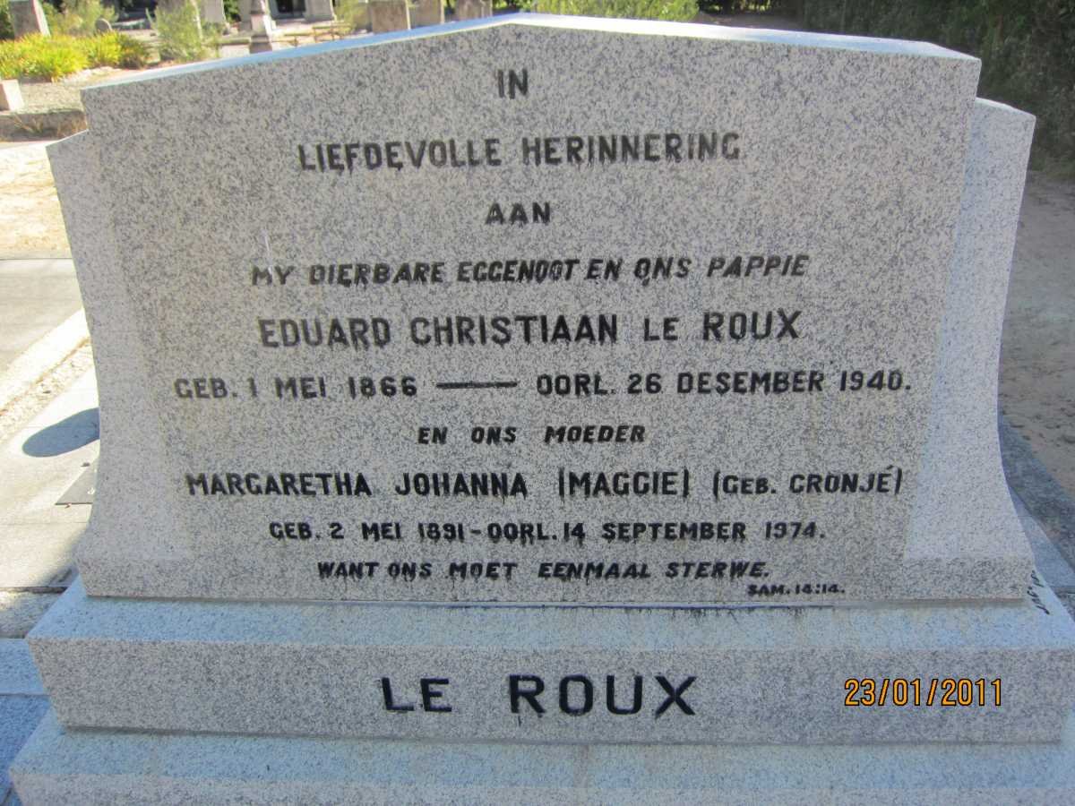 ROUX Eduard Christiaan, le 1866-1940 &amp; Margaretha Johanna CRONJÉ 1891-1974