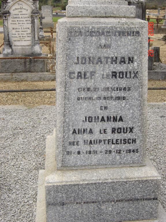 ROUX Jonathan, le 1843-1910 &amp; Johanna Anna HAUPTFLEISCH 1851-1945