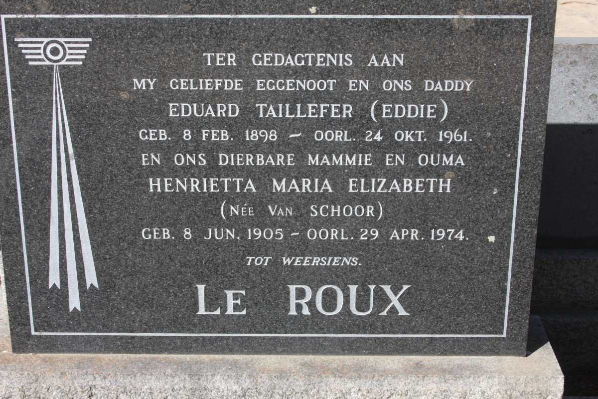 ROUX Eduard Taillefer, le 1898-1961 &amp; Henrietta Maria Elizabeth VAN SCHOOR 1905-1974