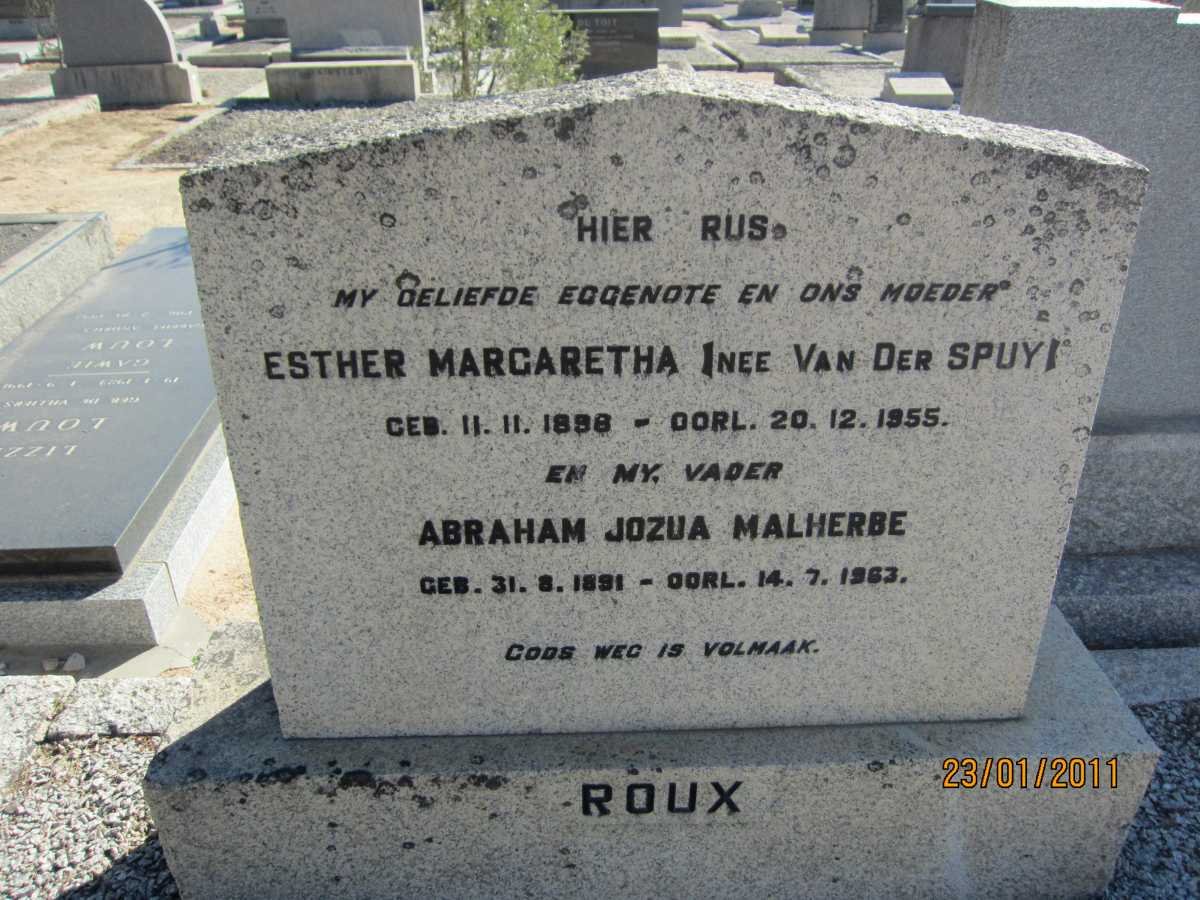 ROUX Abraham Jozua Malherbe 1891-1963 &amp; Esther Margaretha VAN DER SPUY  1898-1955