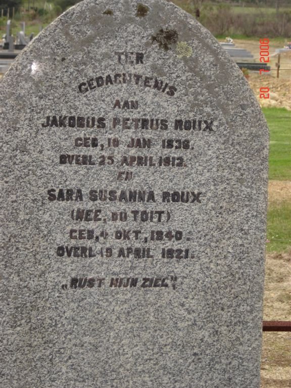ROUX Jacobus Petrus 1838-1912 &amp;  Sara Susanna DU TOIT 1840-1921