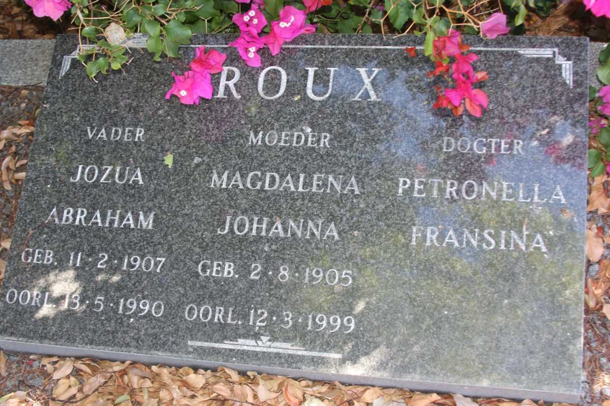 ROUX Jozua Abraham 1907-1990 &amp; Magdalena Johanna 1905-1999 :: ROUX Petronella Fransina